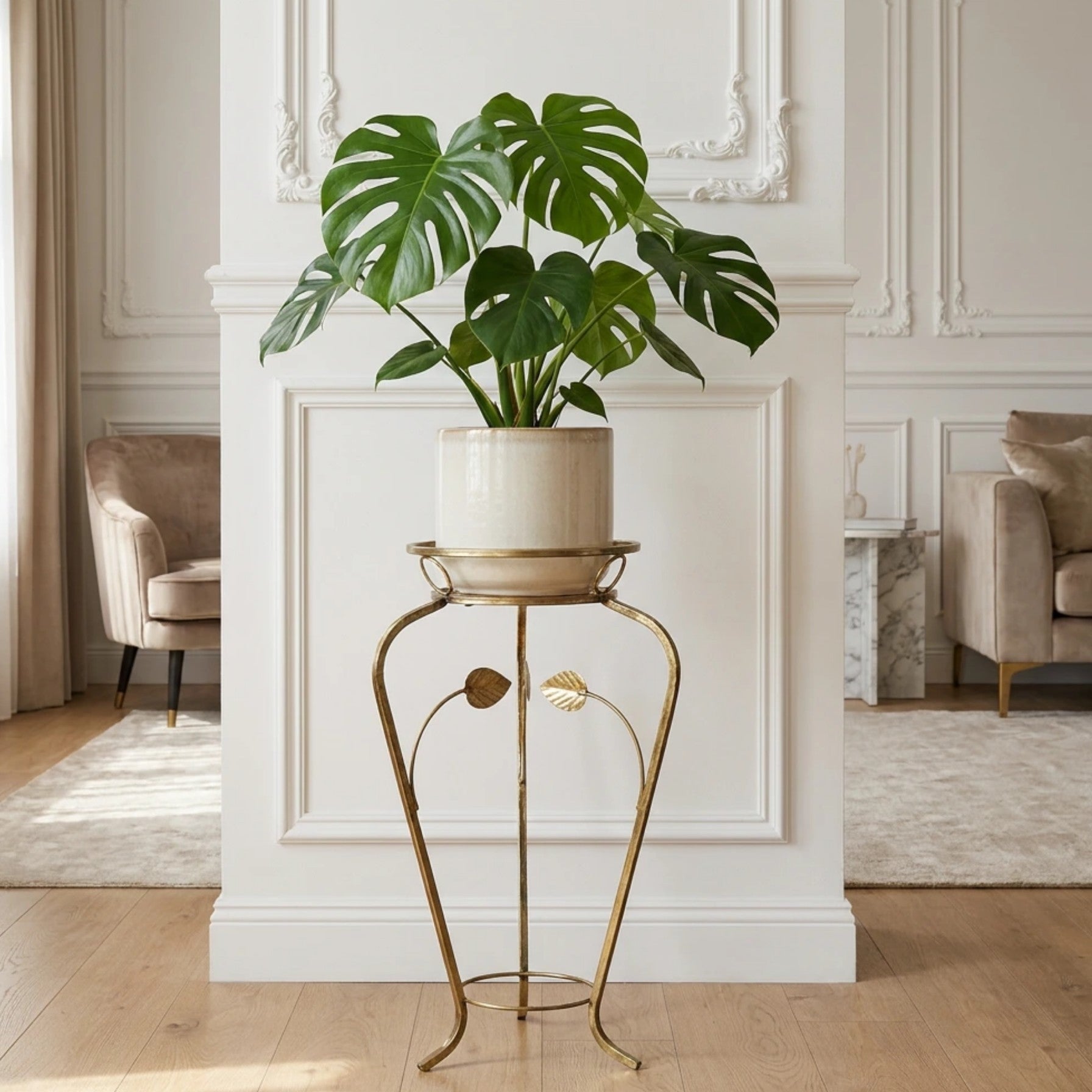 Kwietnik metalowy stojący klasyczny retro  FLORA 58 złota patyna HGDECO