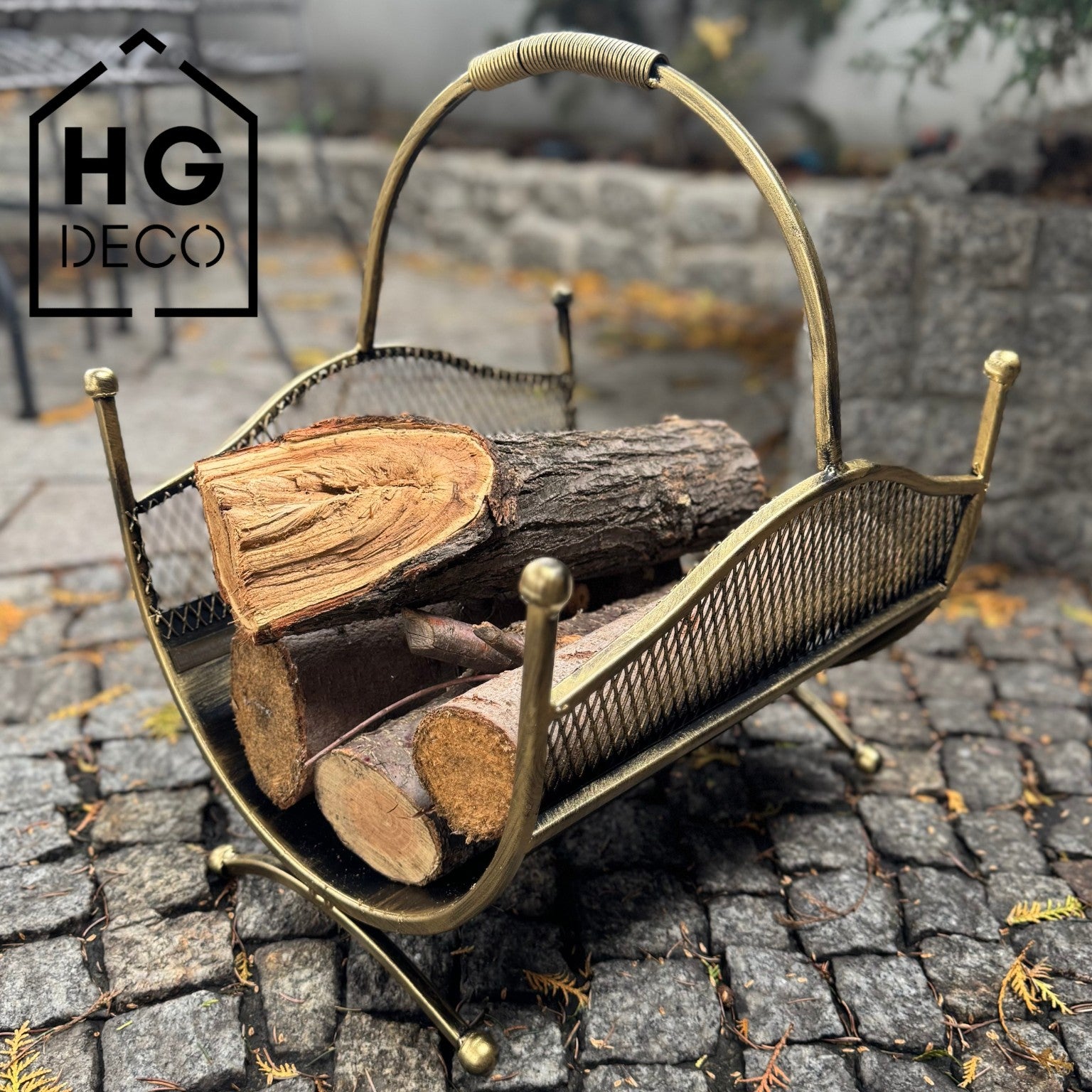 HGDECO LEON Gold Patina Metal Log Basket
