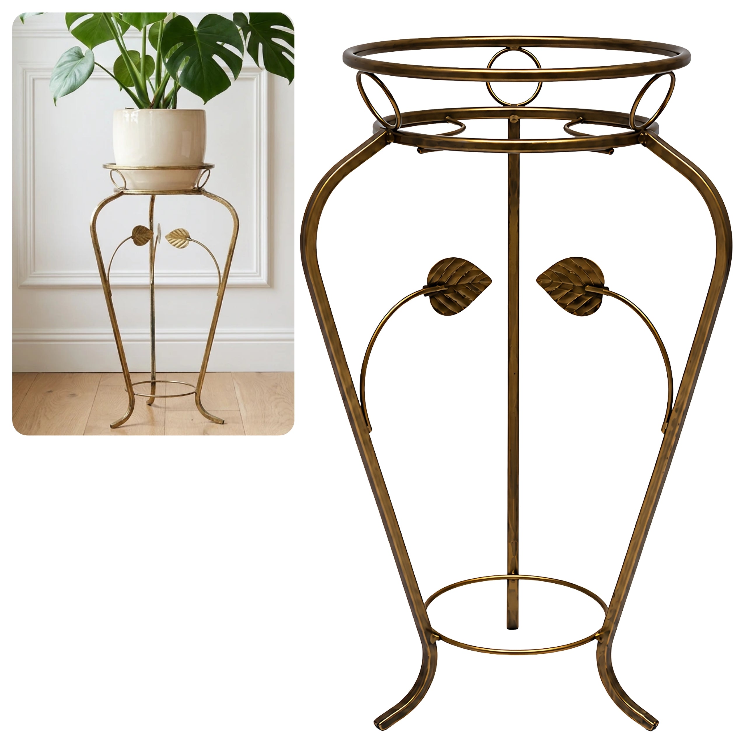 Kwietnik metalowy stojący klasyczny retro  FLORA 58 złota patyna HGDECO