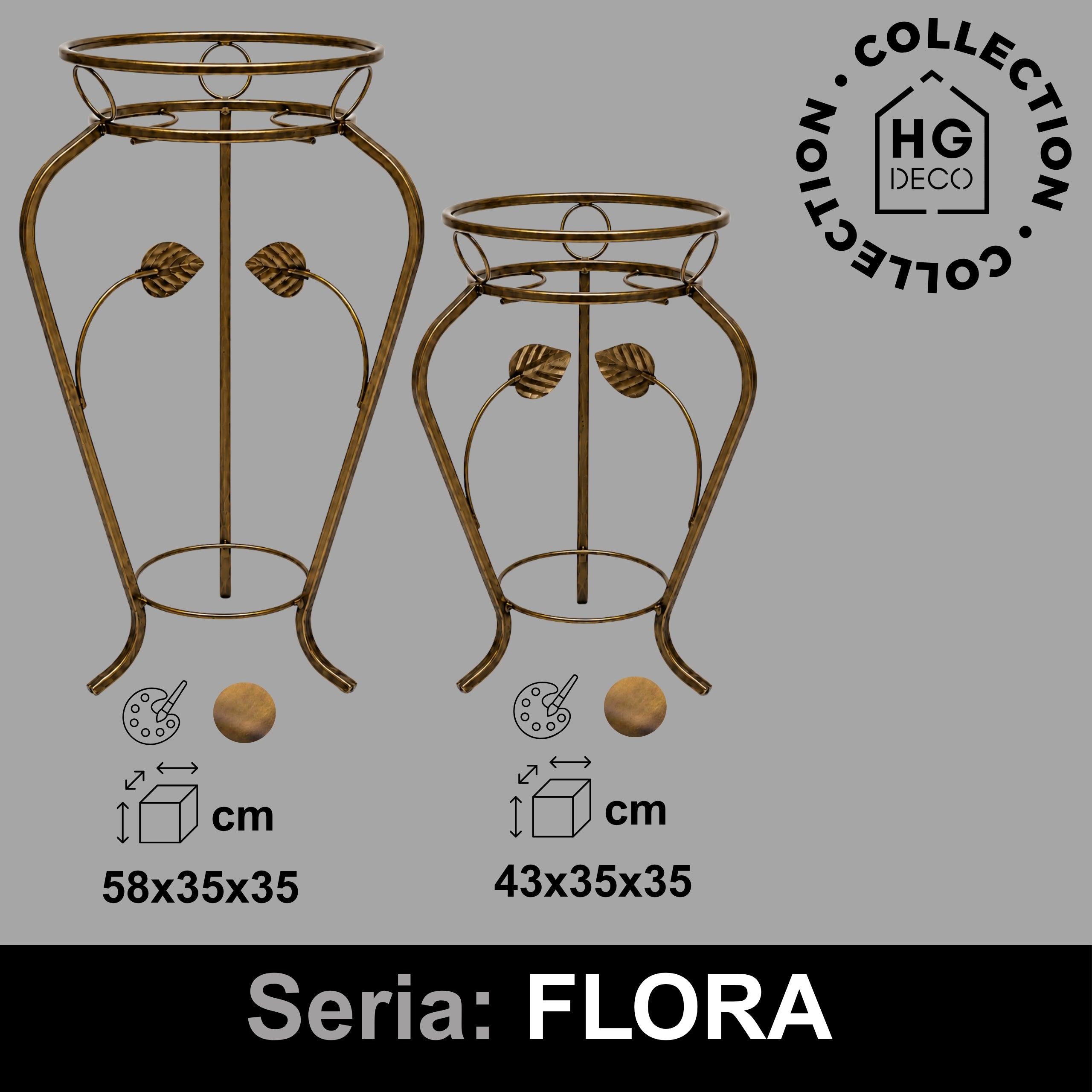 Kwietnik metalowy stojący klasyczny retro  FLORA 58 złota patyna HGDECO