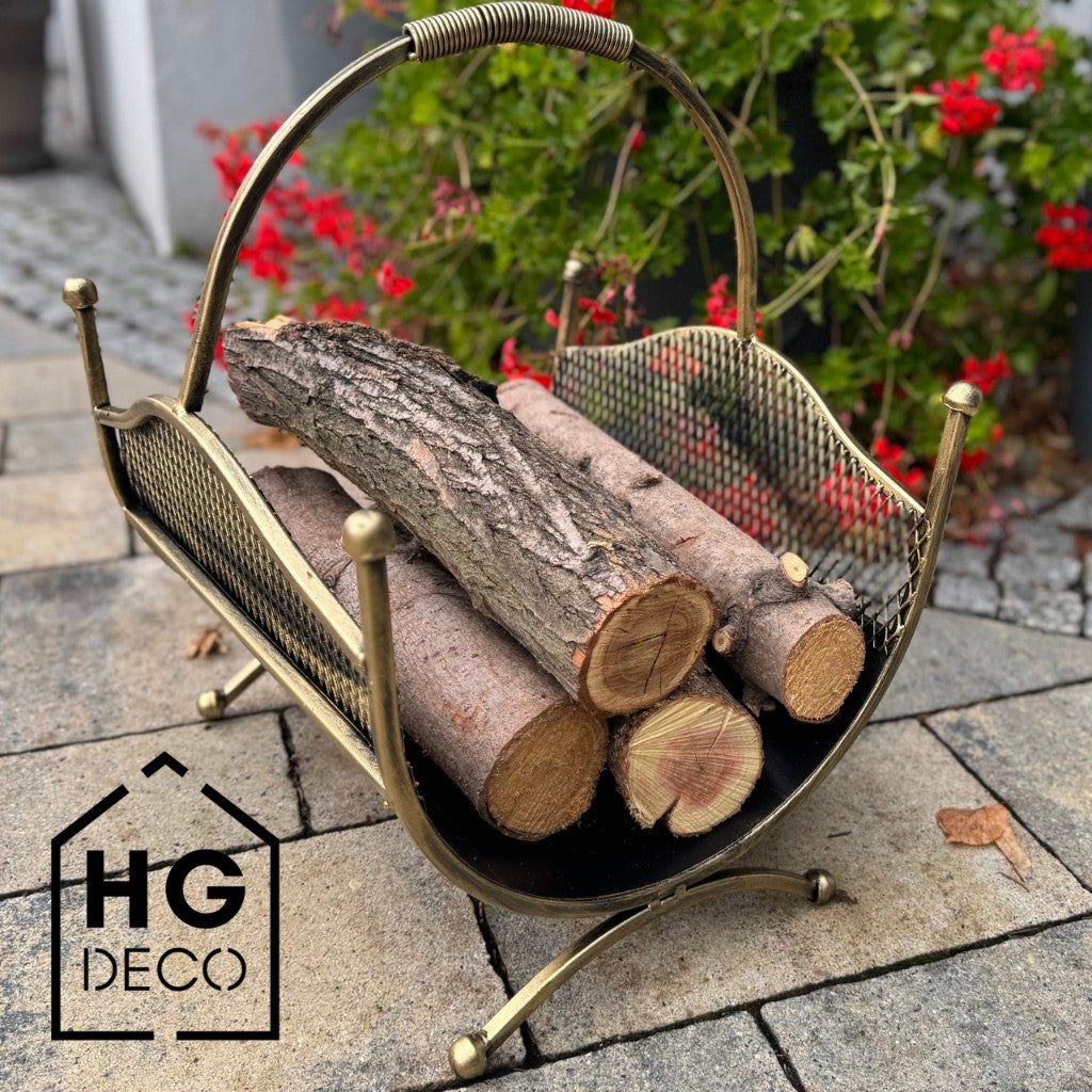 HGDECO  Kosz metalowy na drewno LEON złoty patyna