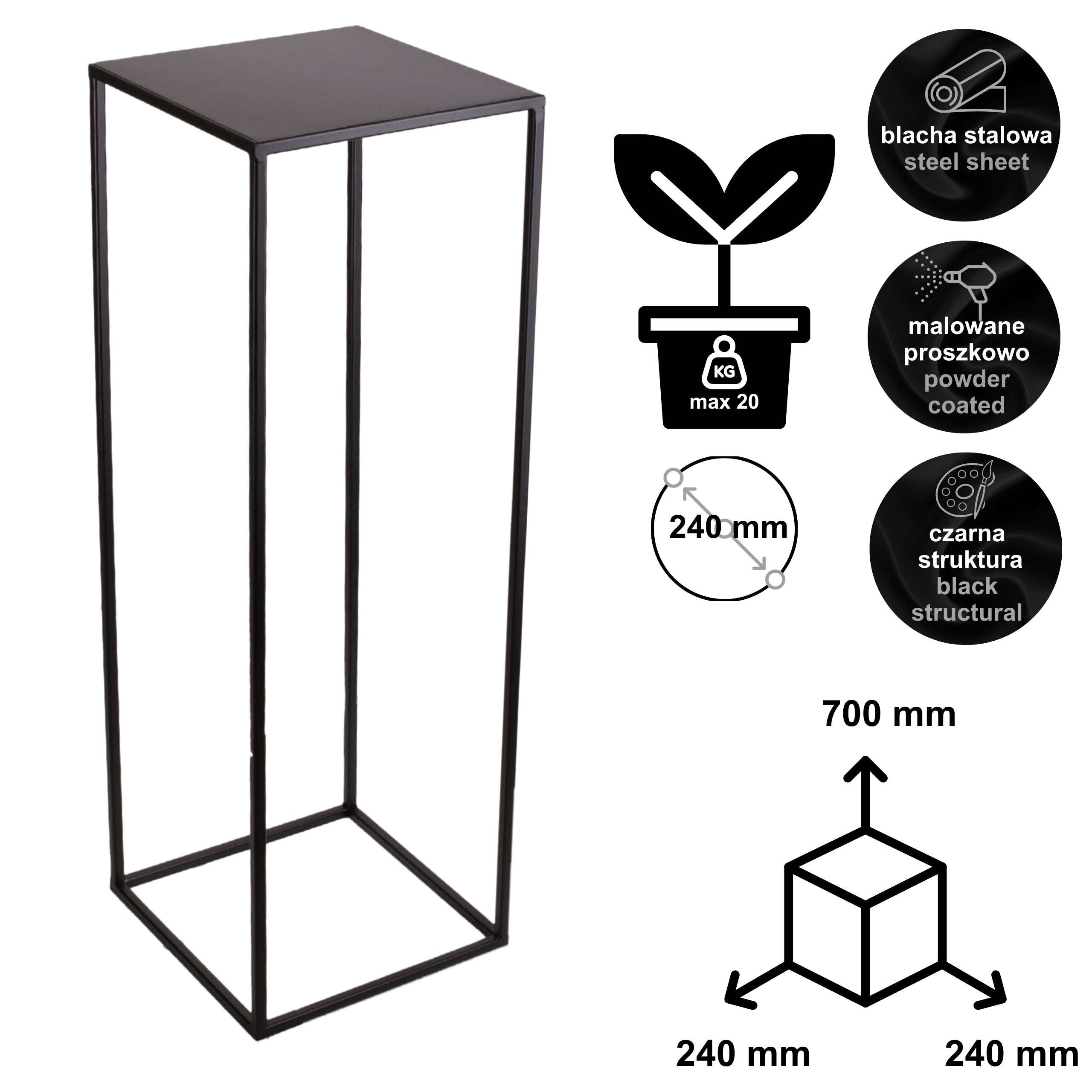 Metalowy kwietnik stojak na kwiatek TOWER 70 czarny styl loftowy HGDECO