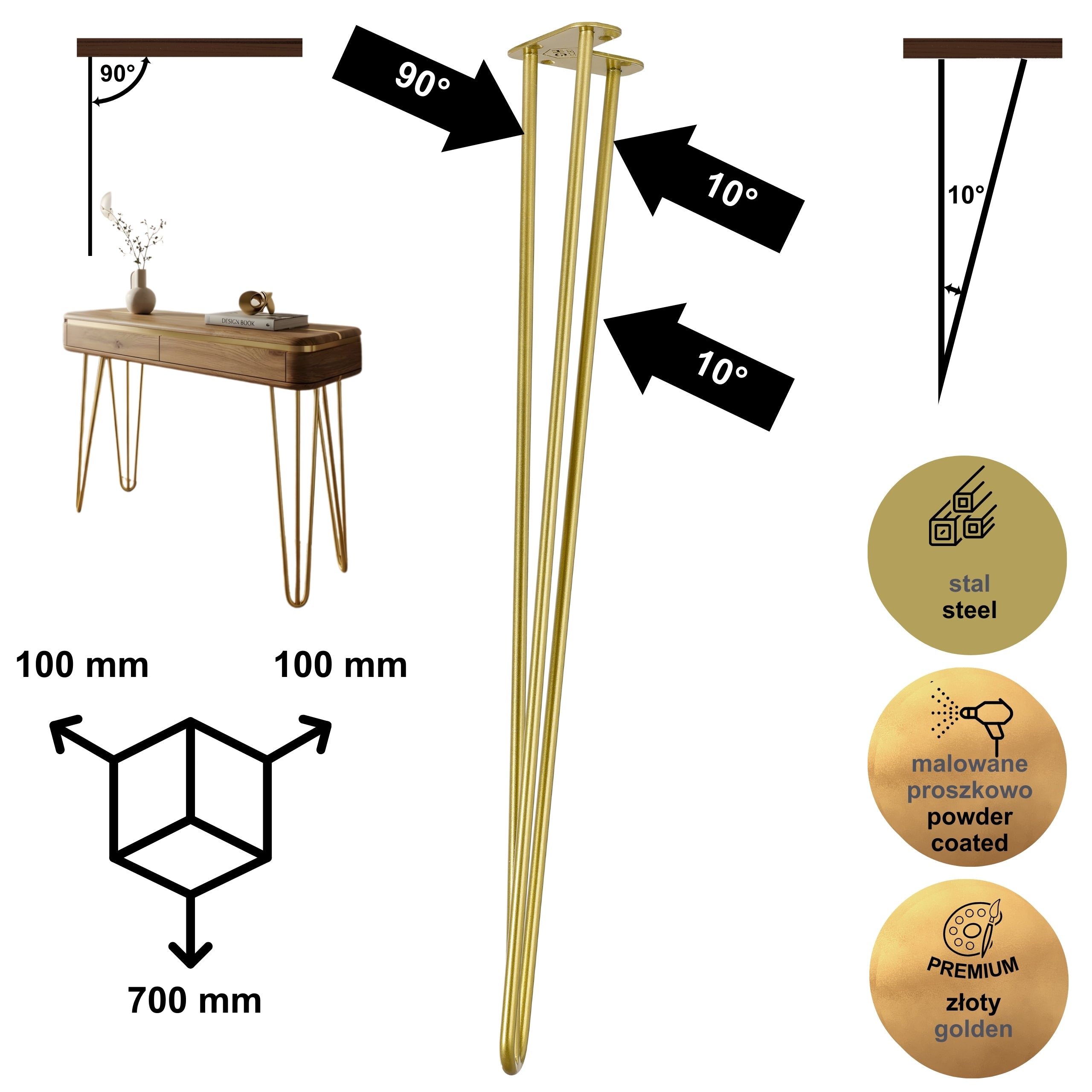 Noga meblowa do stołu biurka konsoli TL70 złoty HGDECO