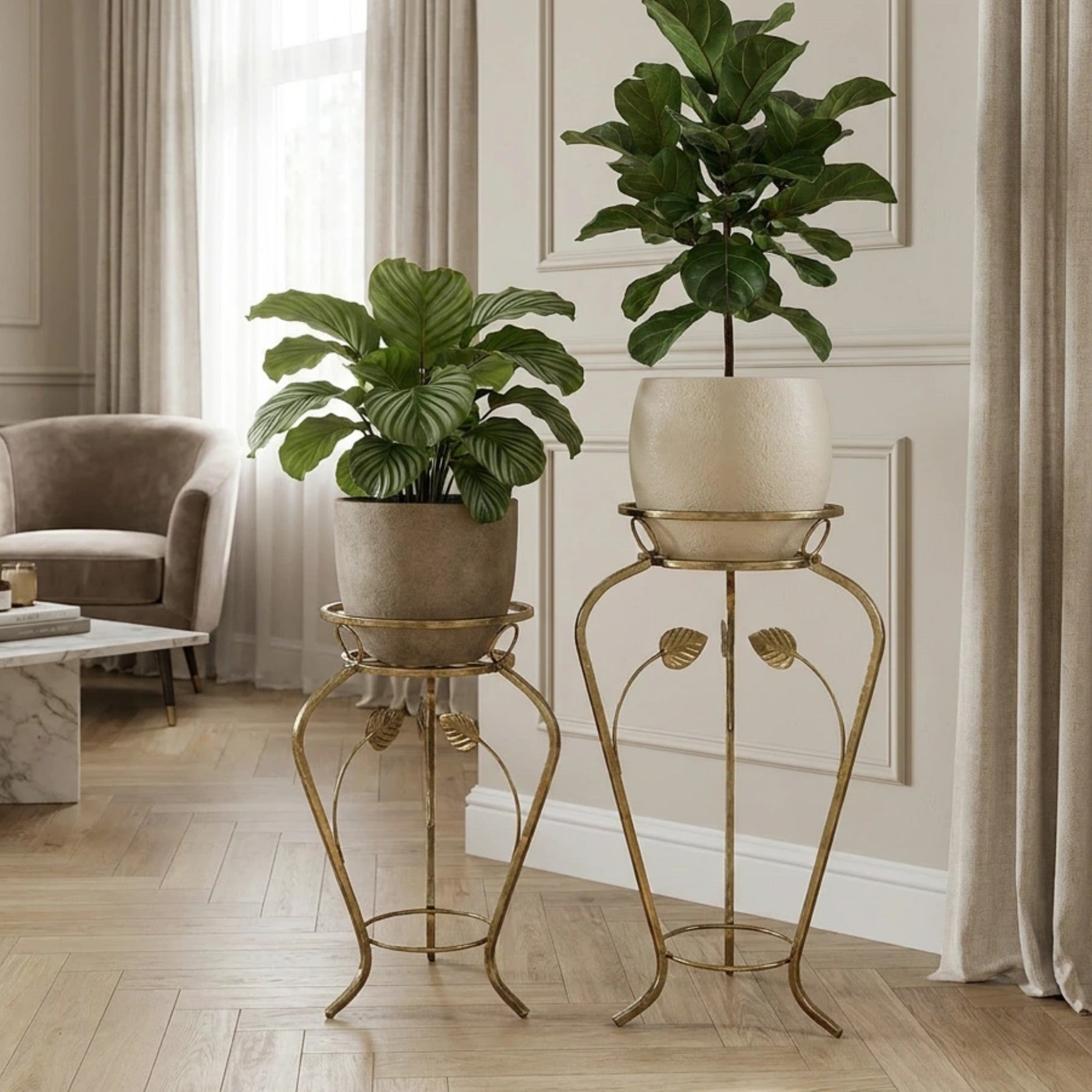 Kwietnik metalowy stojący klasyczny retro  FLORA 58 złota patyna HGDECO