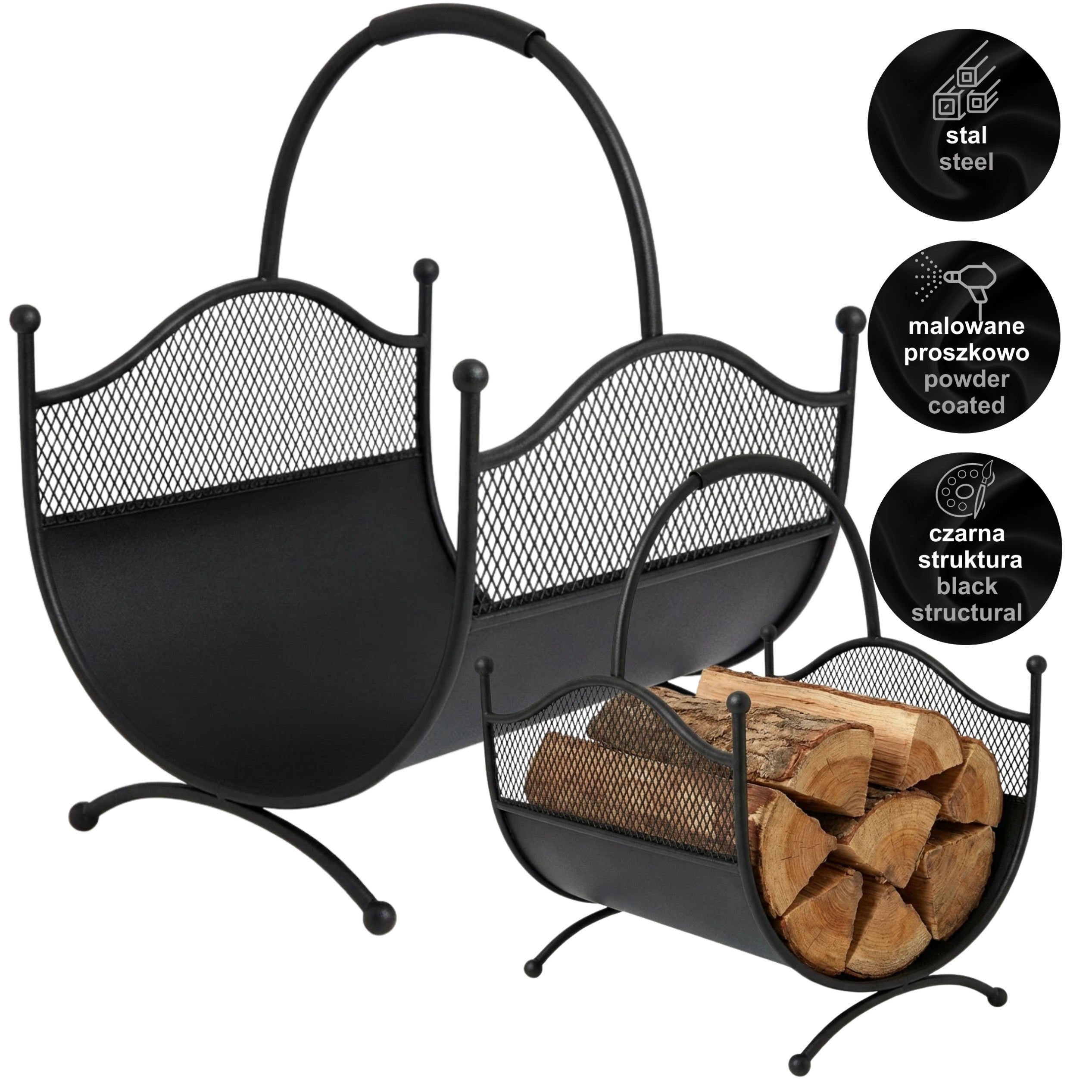 HGDECO  Kosz metalowy na drewno LEON czarny strukt