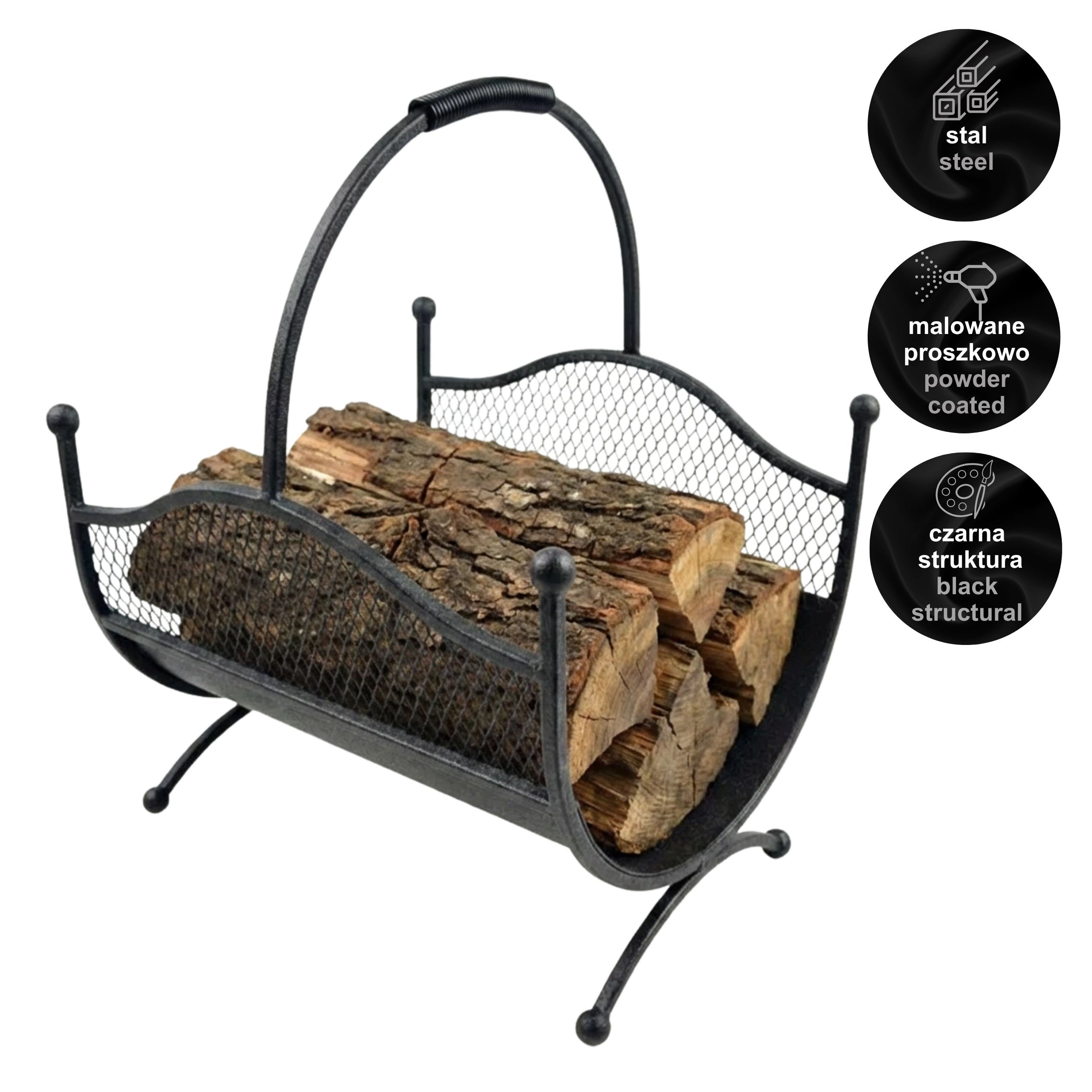HGDECO  Kosz metalowy na drewno LEON czarny strukt
