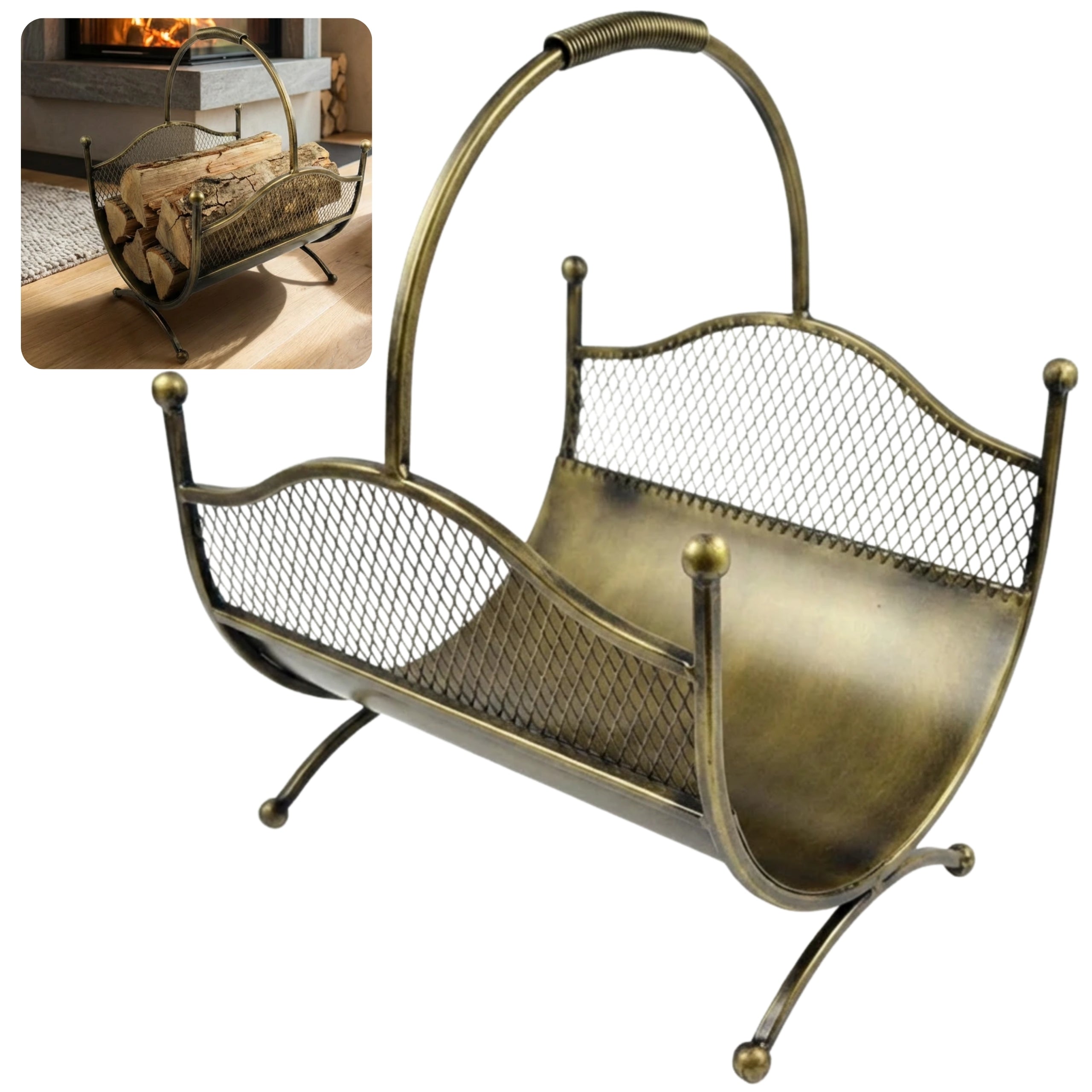 HGDECO  Kosz metalowy na drewno LEON złoty patyna