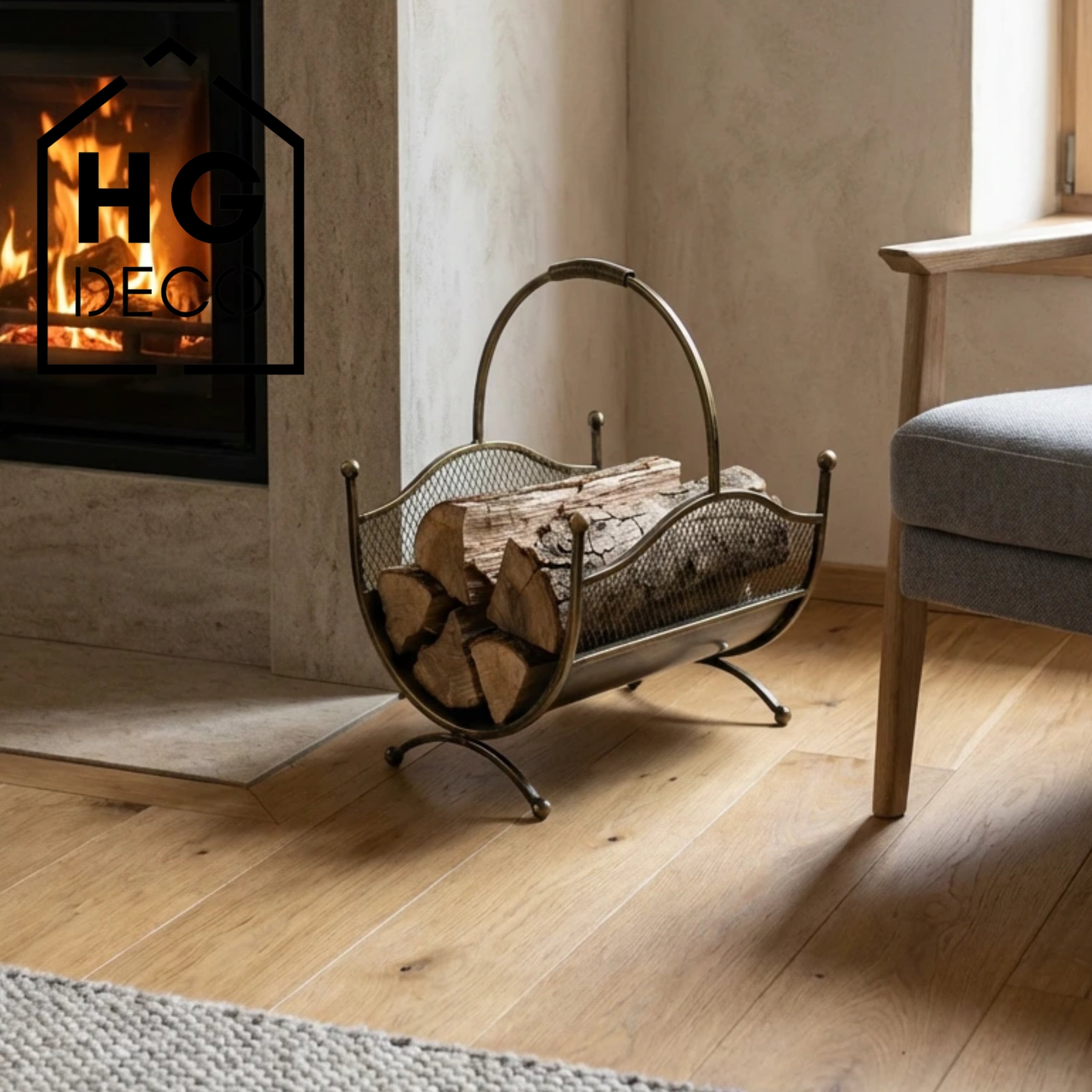 HGDECO  Kosz metalowy na drewno LEON złoty patyna