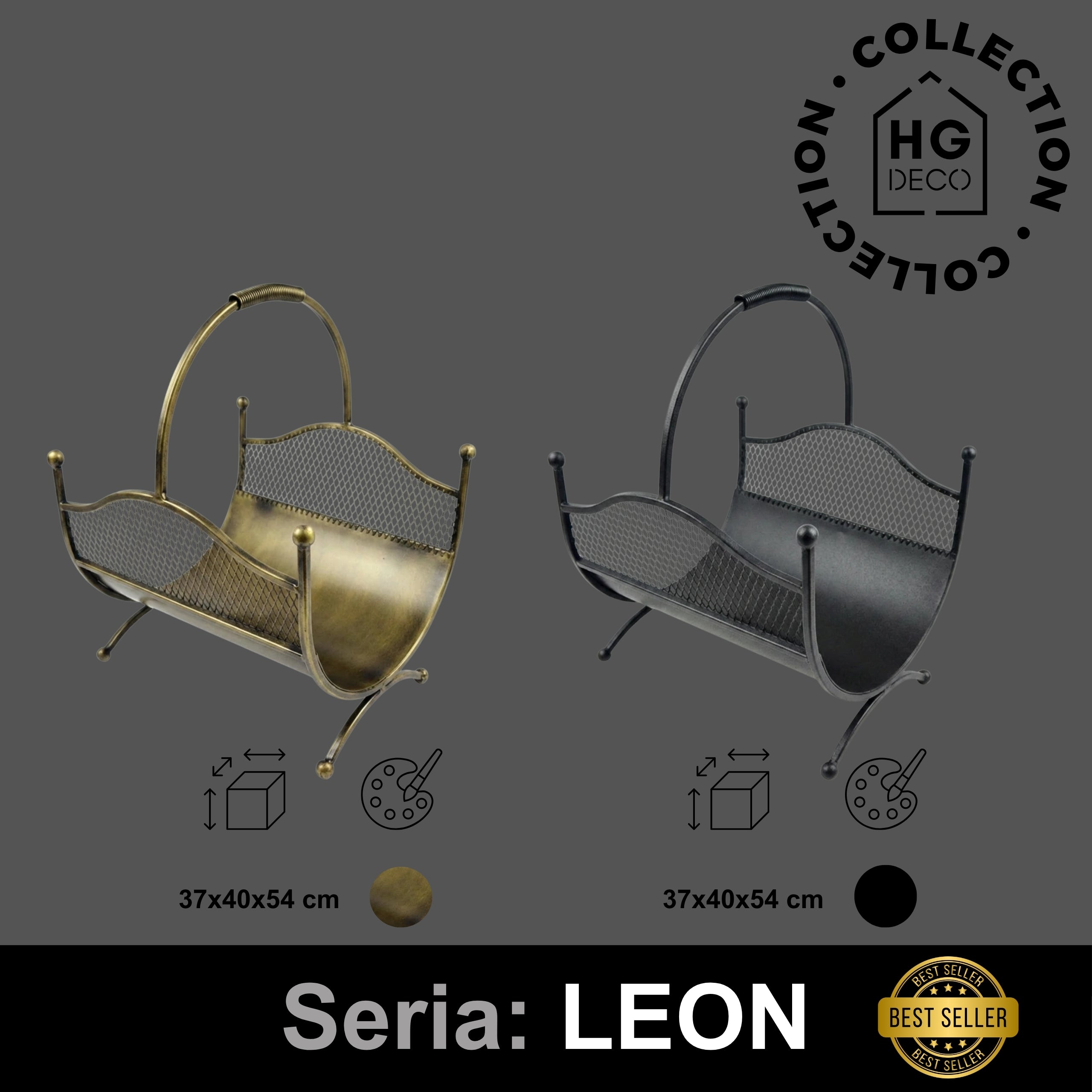 HGDECO  Kosz metalowy na drewno LEON złoty patyna