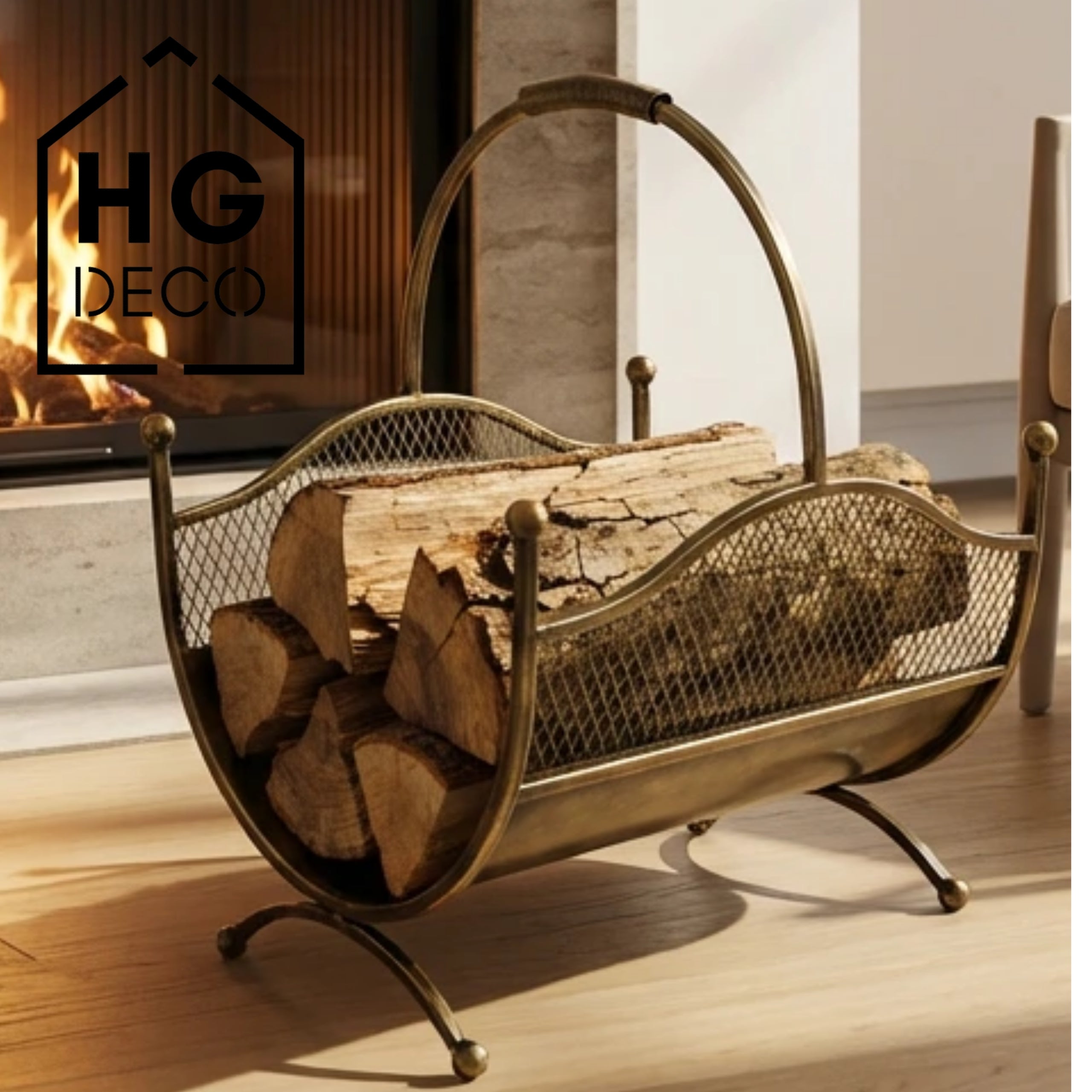 HGDECO  Kosz metalowy na drewno LEON złoty patyna