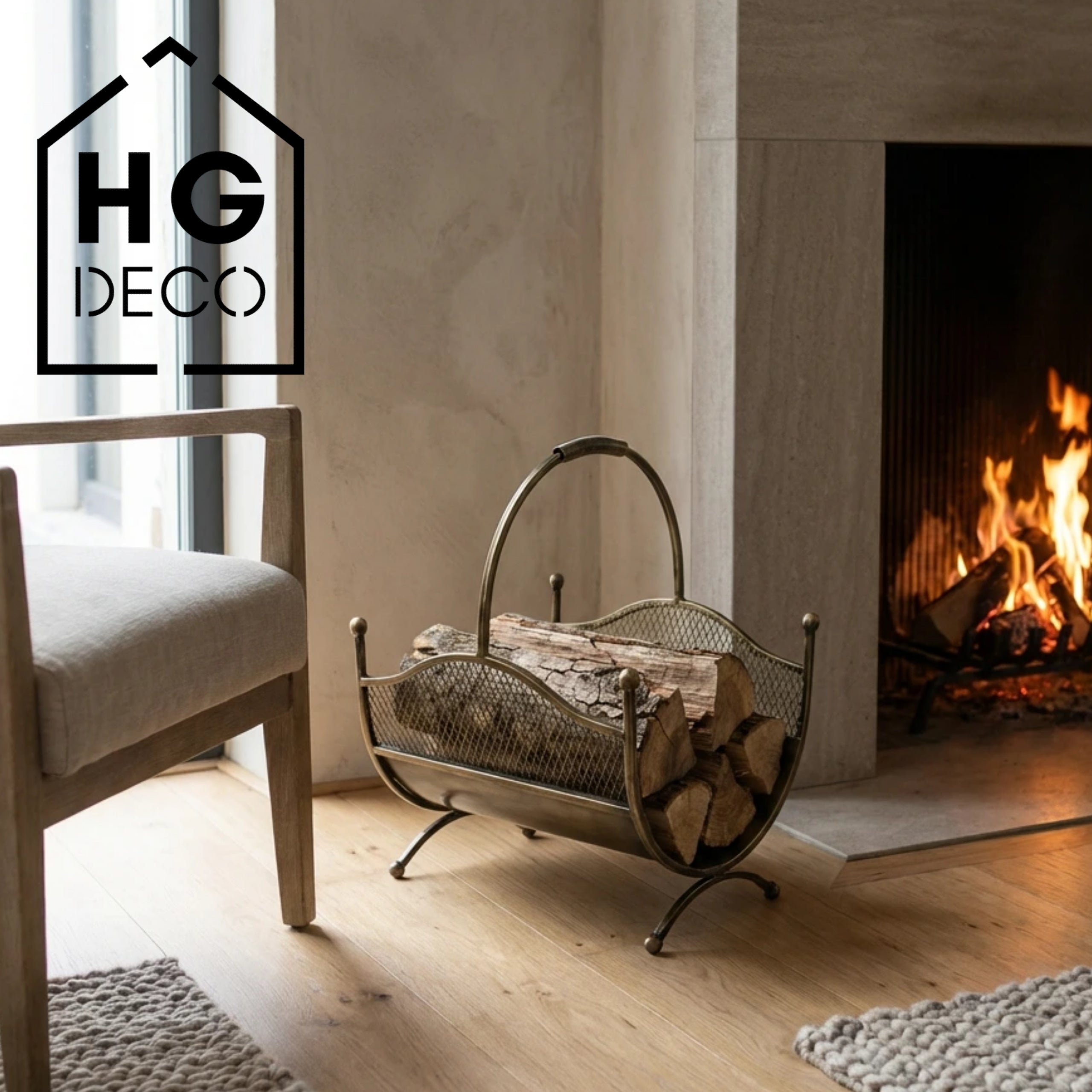 HGDECO  Kosz metalowy na drewno LEON złoty patyna