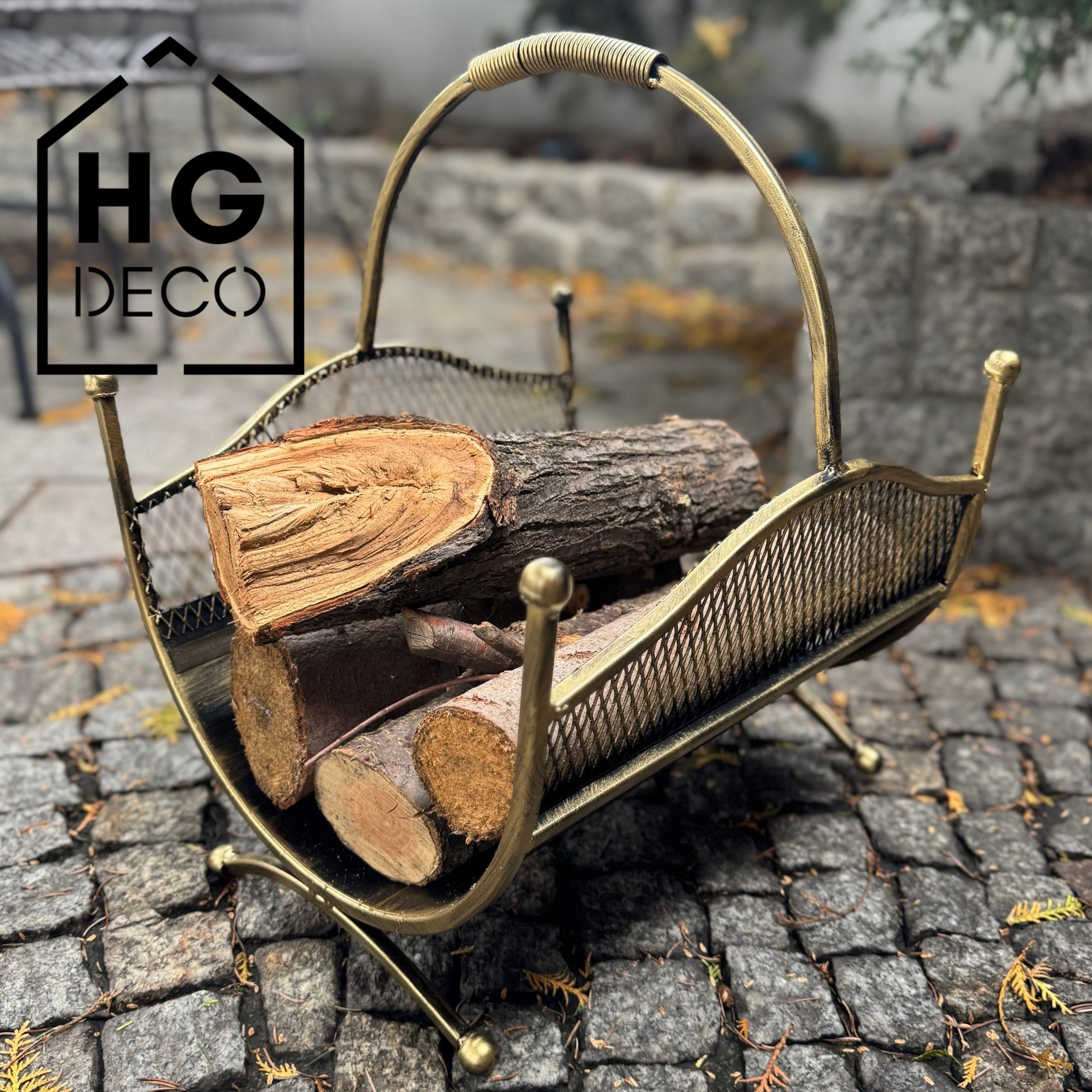 HGDECO  Kosz metalowy na drewno LEON złoty patyna