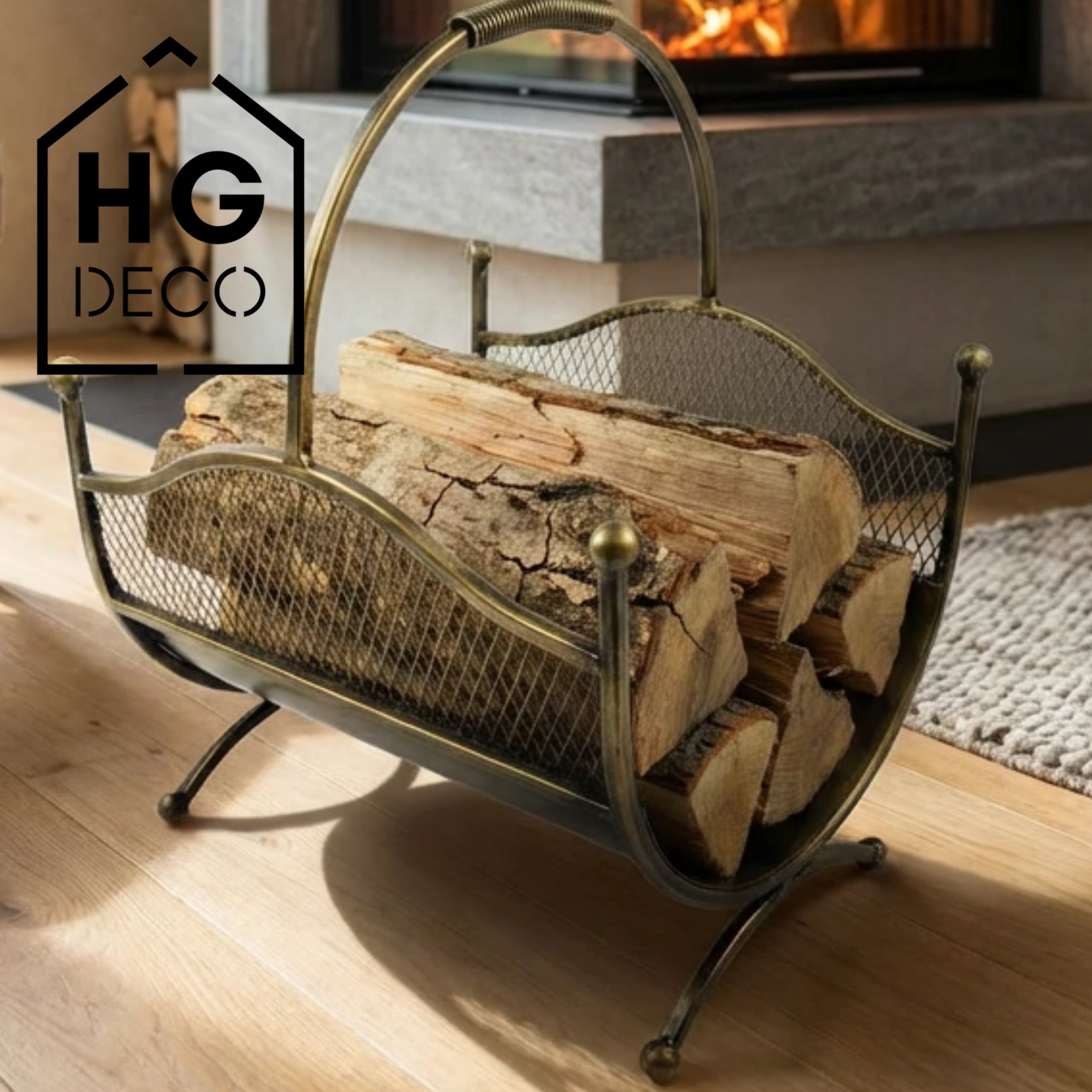 HGDECO  Kosz metalowy na drewno LEON złoty patyna