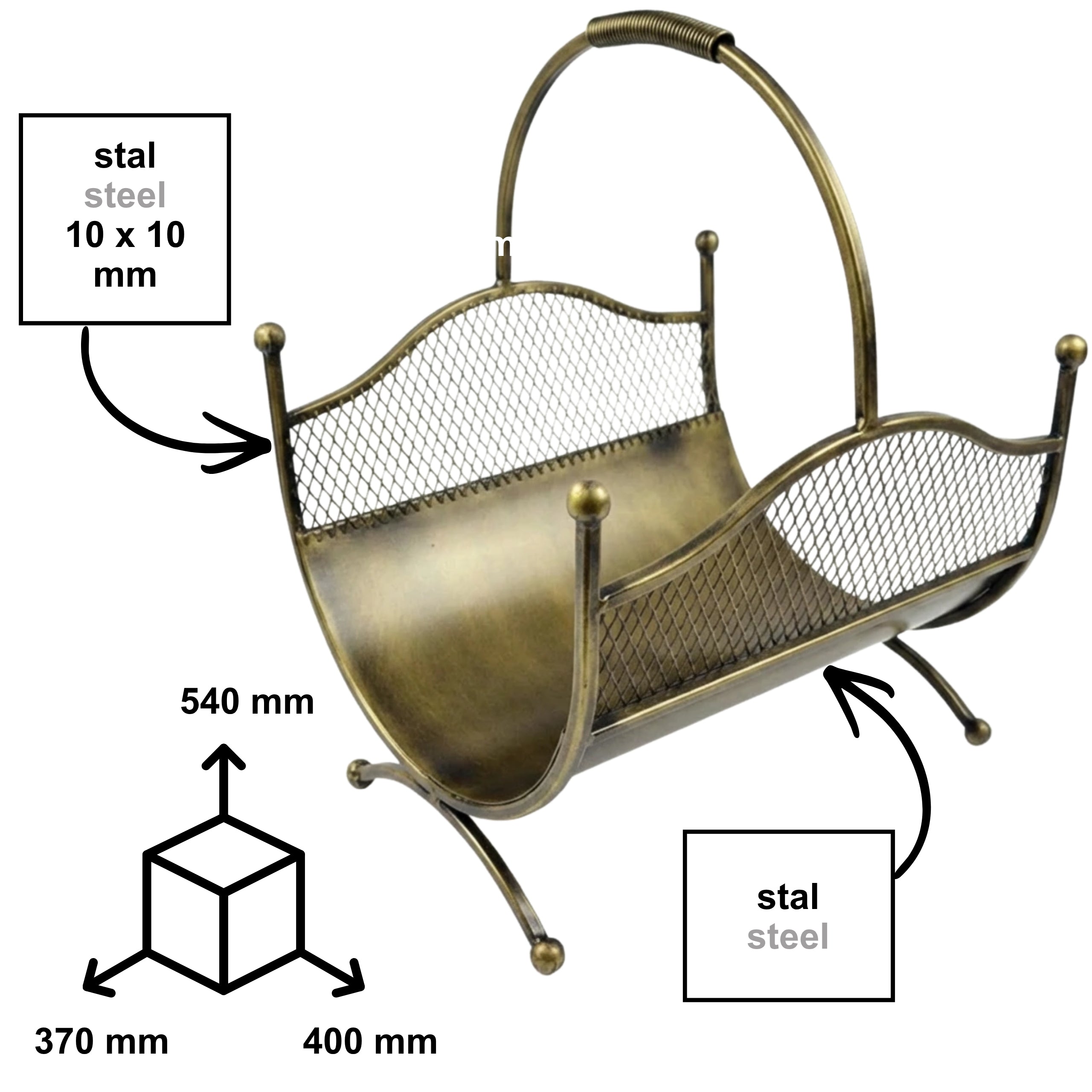 HGDECO  Kosz metalowy na drewno LEON złoty patyna