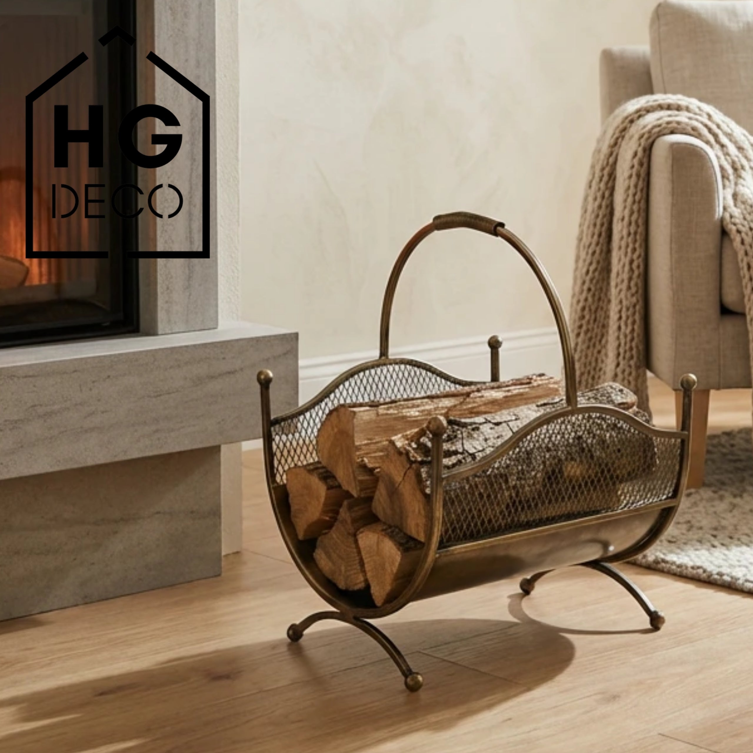 HGDECO  Kosz metalowy na drewno LEON złoty patyna