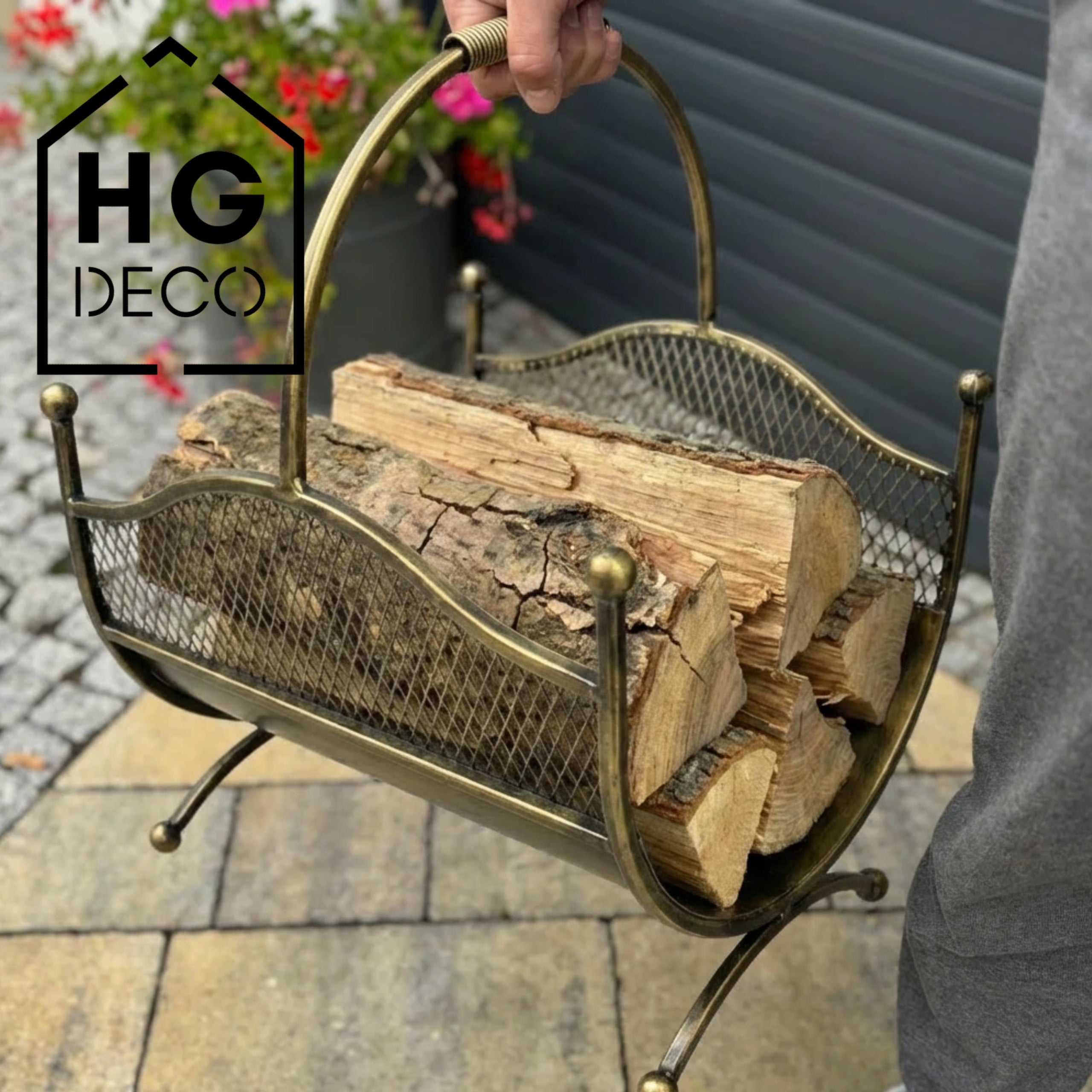 HGDECO  Kosz metalowy na drewno LEON złoty patyna