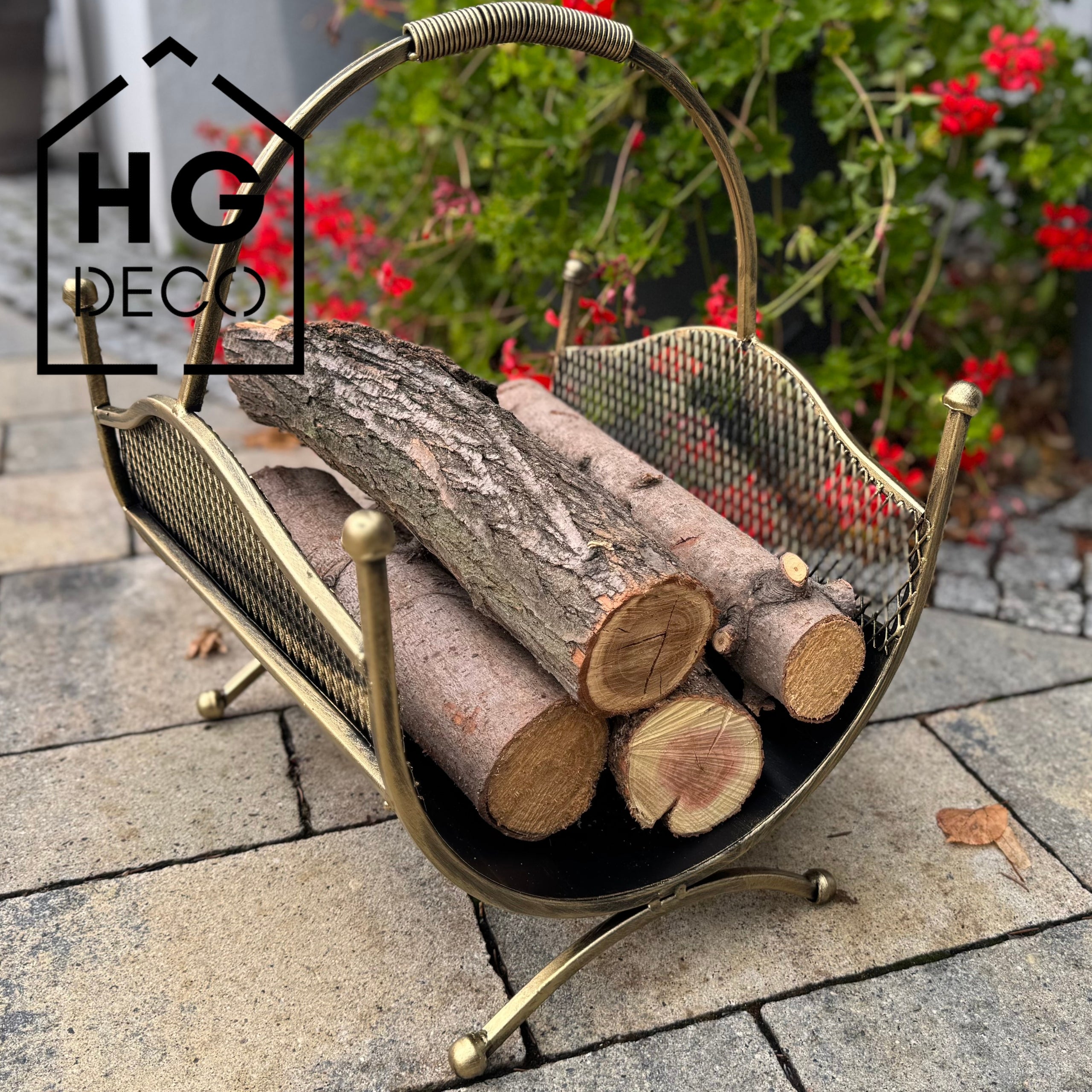 HGDECO  Kosz metalowy na drewno LEON złoty patyna