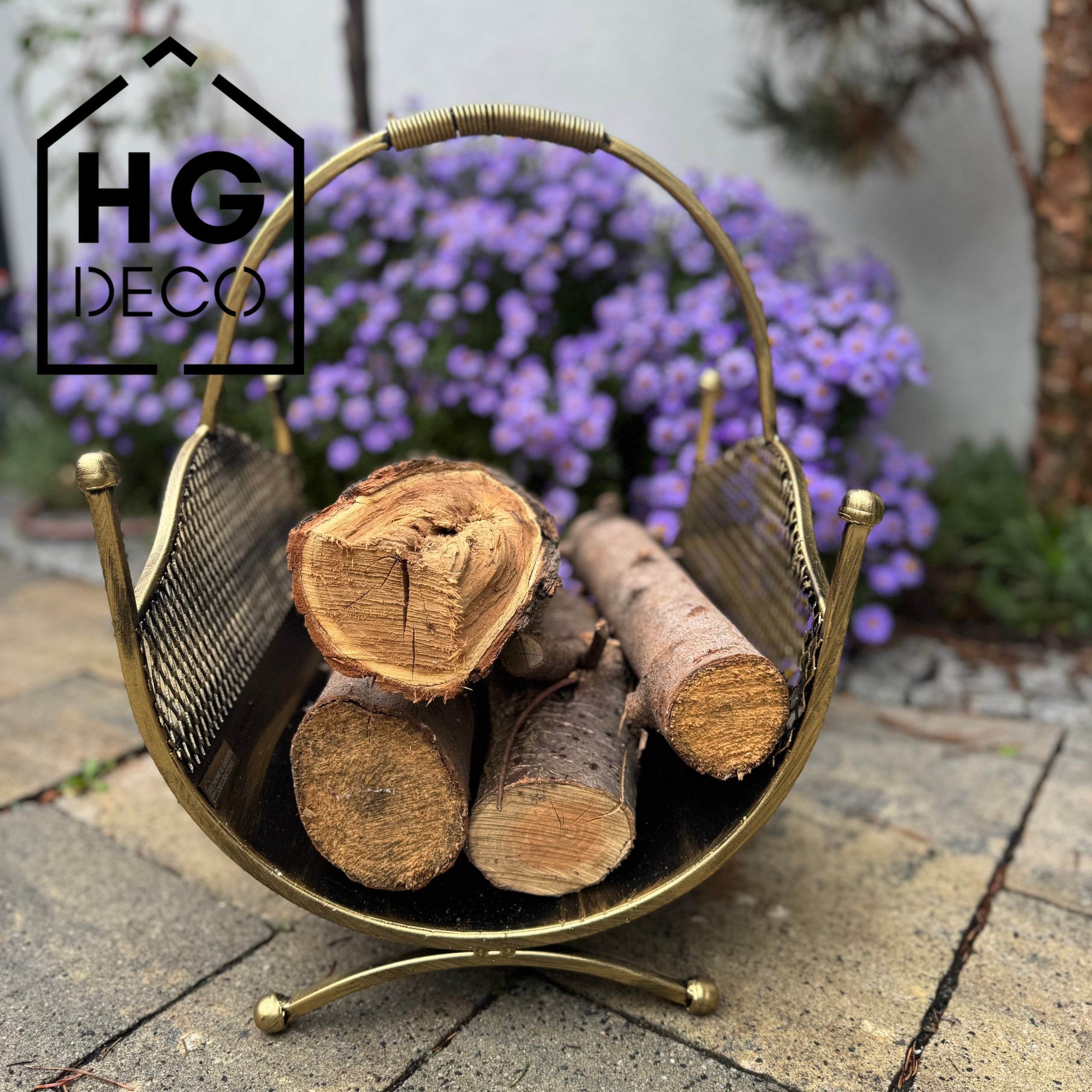 HGDECO  Kosz metalowy na drewno LEON złoty patyna