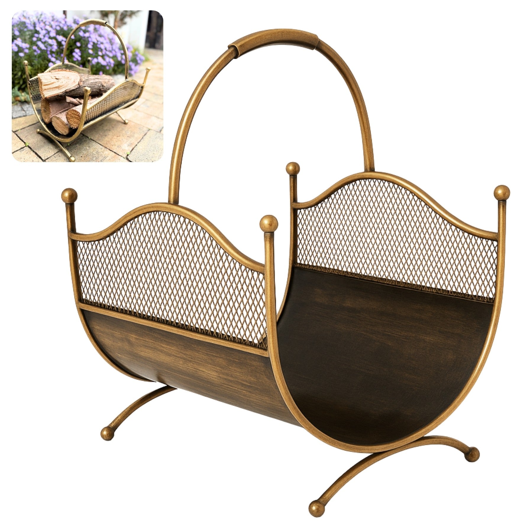 HGDECO  Kosz metalowy na drewno LEON złoty patyna