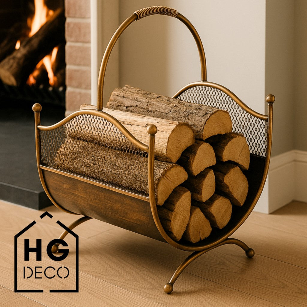 HGDECO  Kosz metalowy na drewno LEON złoty patyna