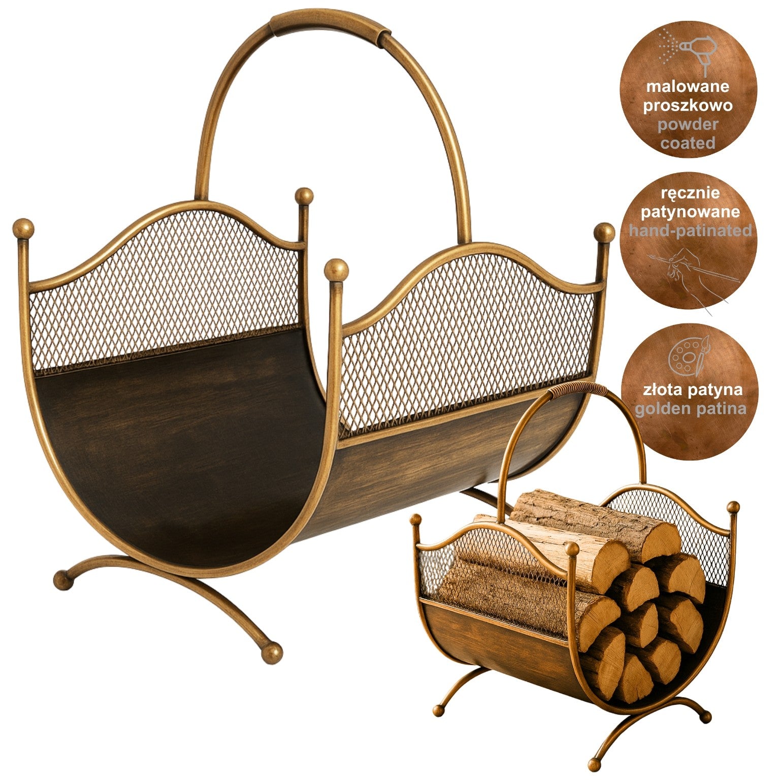 HGDECO  Kosz metalowy na drewno LEON złoty patyna