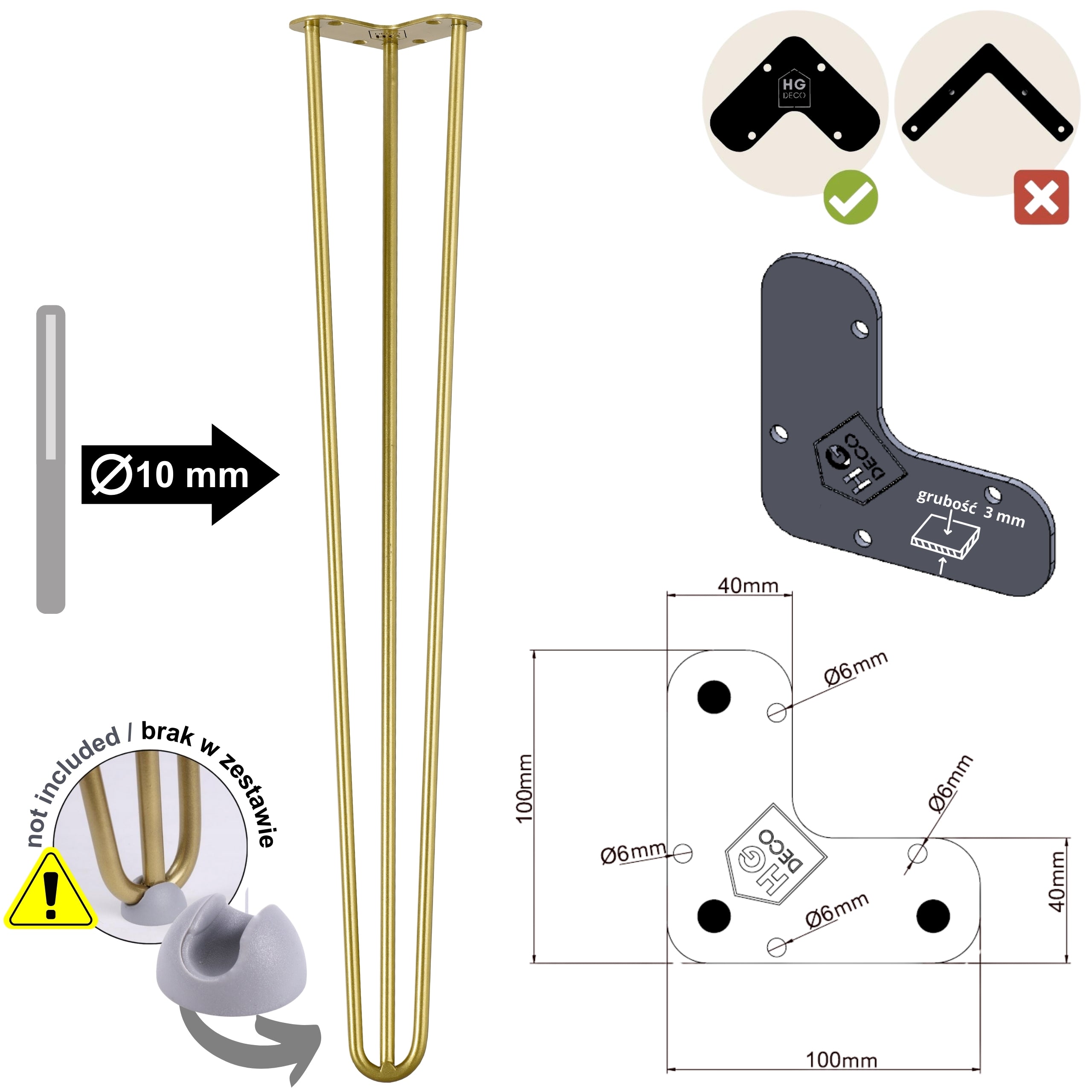 Noga meblowa do stołu biurka konsoli TL70 złoty HGDECO