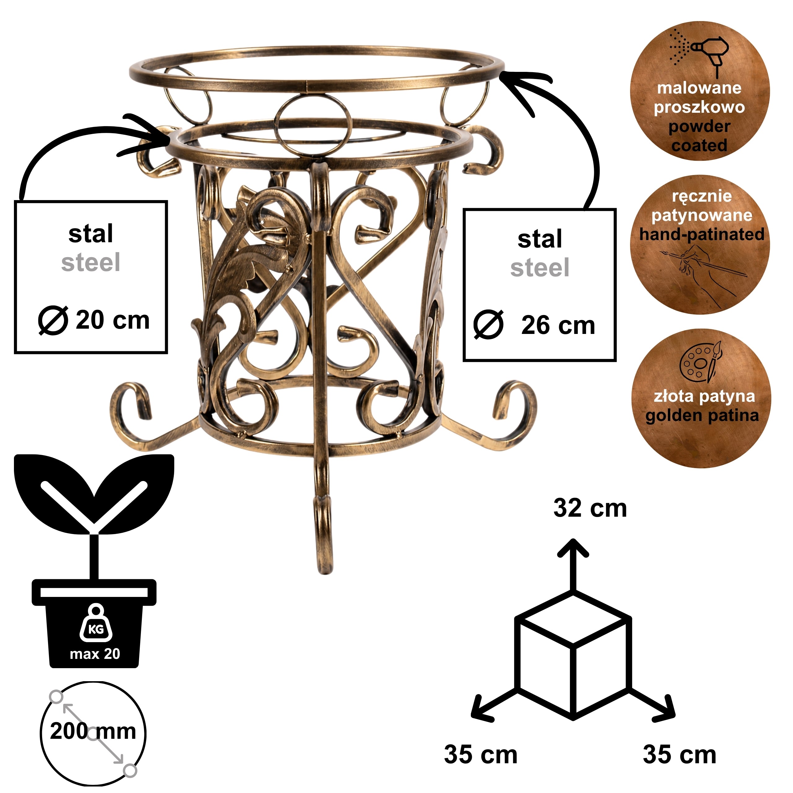 Kwietnik metalowy niski stojący RUSTIC 32 złota patyna HGDECO