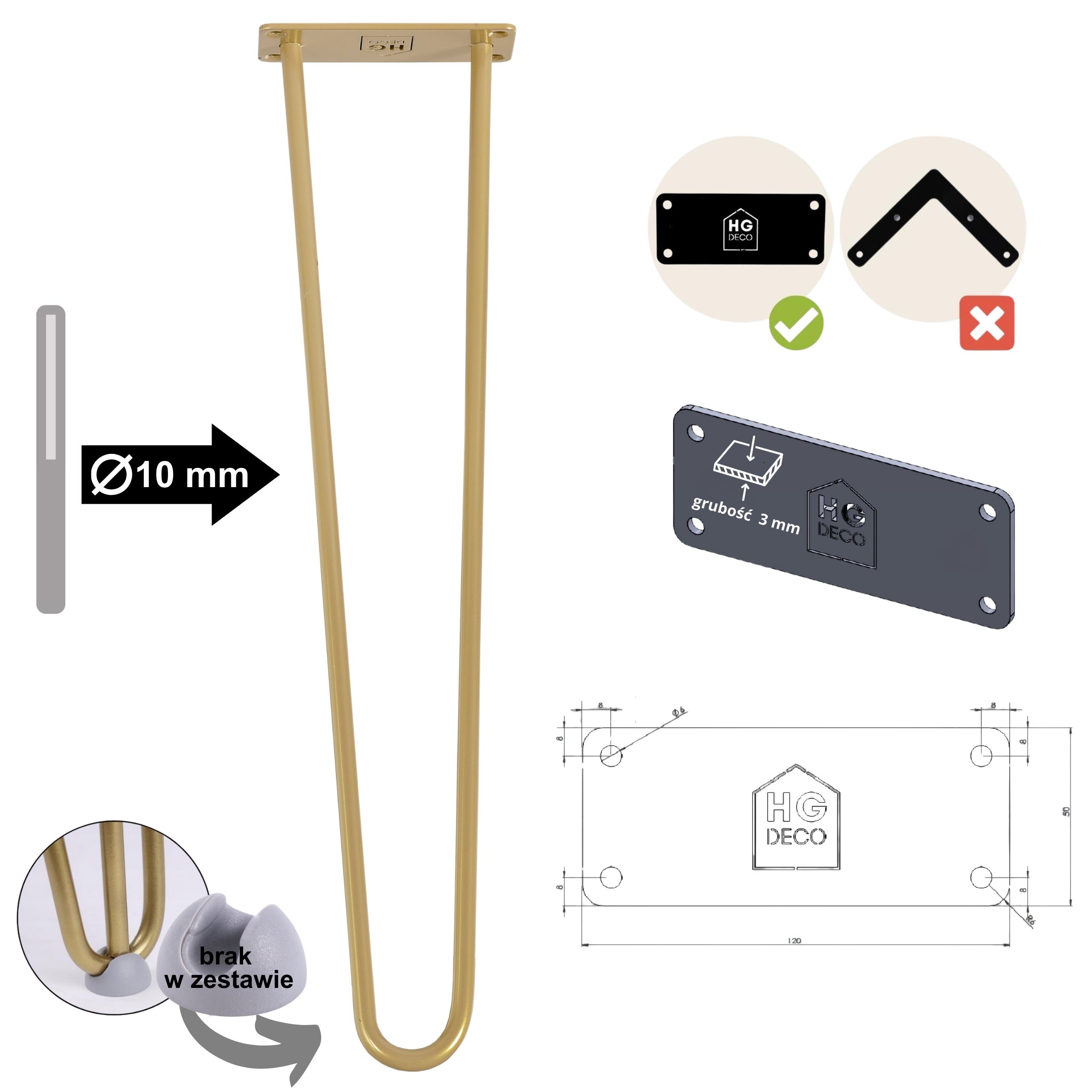 Noga do stolika kawowego ławy DP50 pastelowo złoty HGDECO